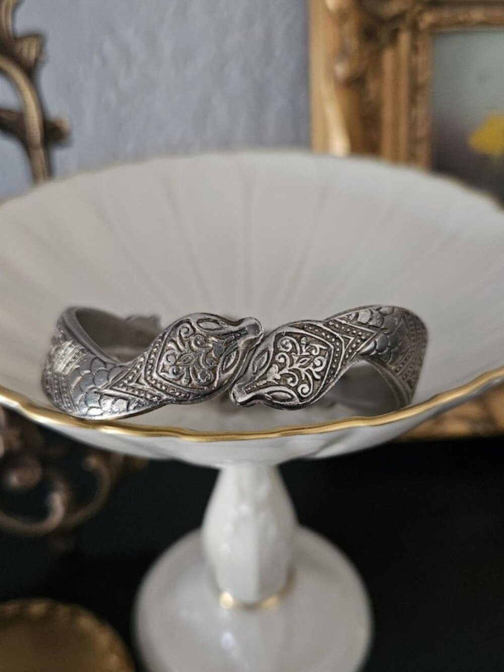 Art Deco/Egyptian Revival Double Headed Snake Hinge Bracelet in Sterling